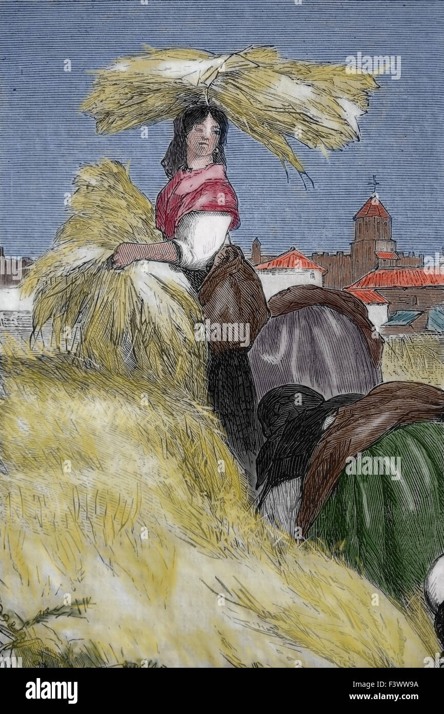 L'Europe. L'Espagne. Les douanes espagnoles. La récolte. Dessin par Valeriano Becquer et gravure de Rico. Almanach. L'illustration, l'Espagne, 1 Banque D'Images