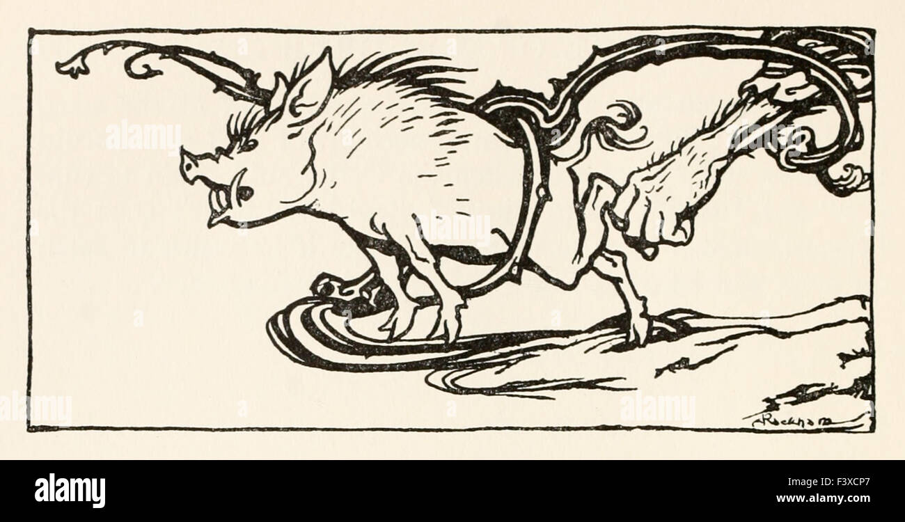 Carl attraper un sanglier pour son dîner, à partir de 'La Carl du manteau vert' dans 'Contes irlandais', illustration par Arthur Rackham (1867-1939). Voir la description pour plus d'informations. Banque D'Images