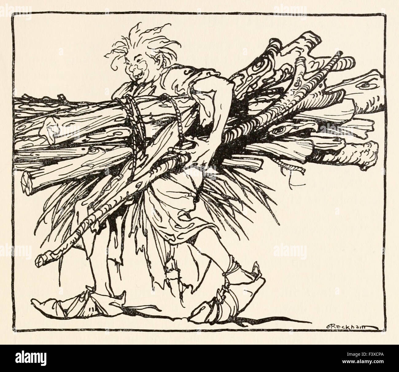Carl construction d'un abri pour la nuit, à partir de 'La Carl du manteau vert' dans 'Contes irlandais', illustration par Arthur Rackham (1867-1939). Voir la description pour plus d'informations. Banque D'Images