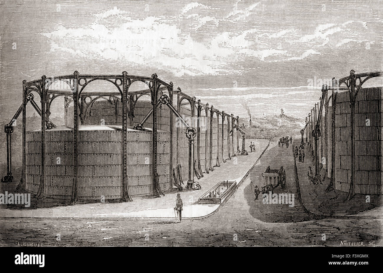 Les douze gazomètres à l'usine de La Villette, Paris, France au xixe siècle. Banque D'Images