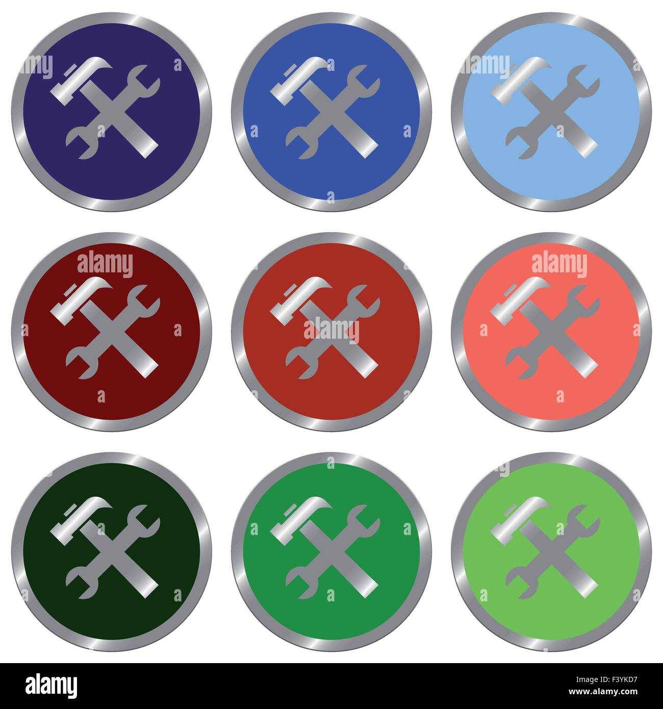 Ensemble de l'icône Outils brillant rond plat en 9 couleurs. La ...