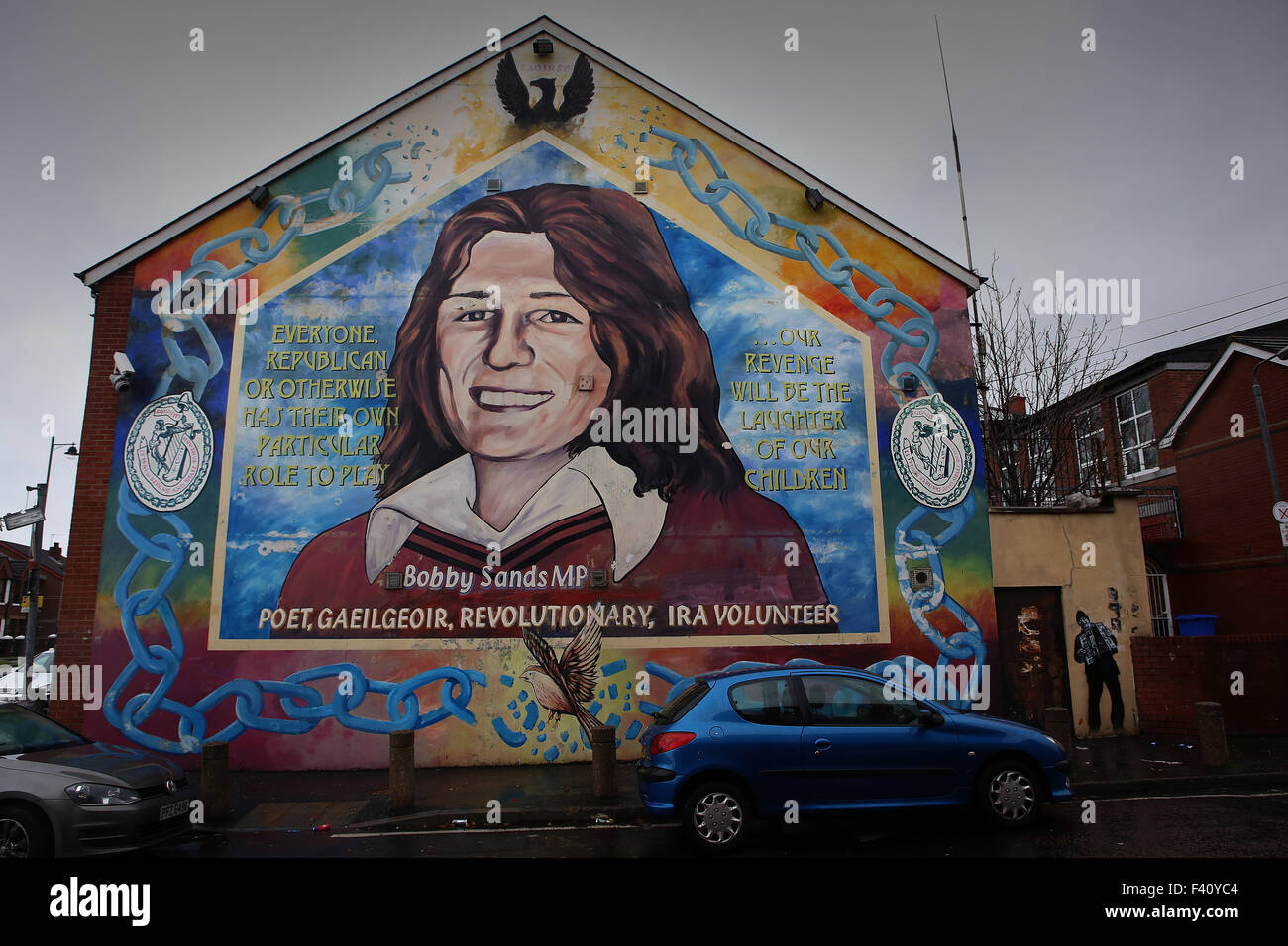 Bobby Sands murale sur le Sinn Fein office.Falls Road,West Belfast, Irlande du Nord Banque D'Images