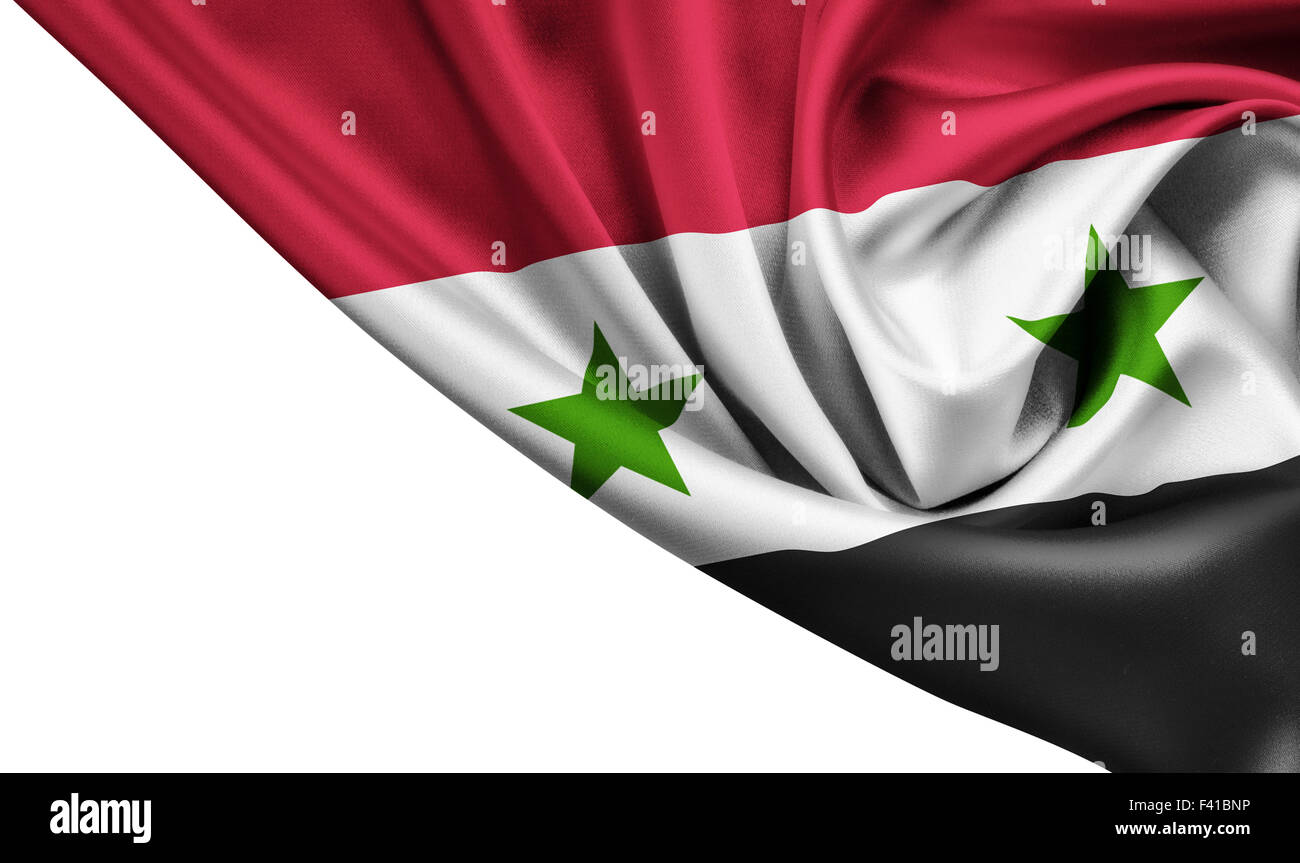 La Syrie en agitant le drapeau de soie isolated on white Banque D'Images