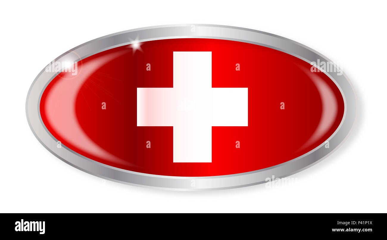 Bouton d'argent ovale avec le drapeau suisse isolé sur fond blanc Banque D'Images