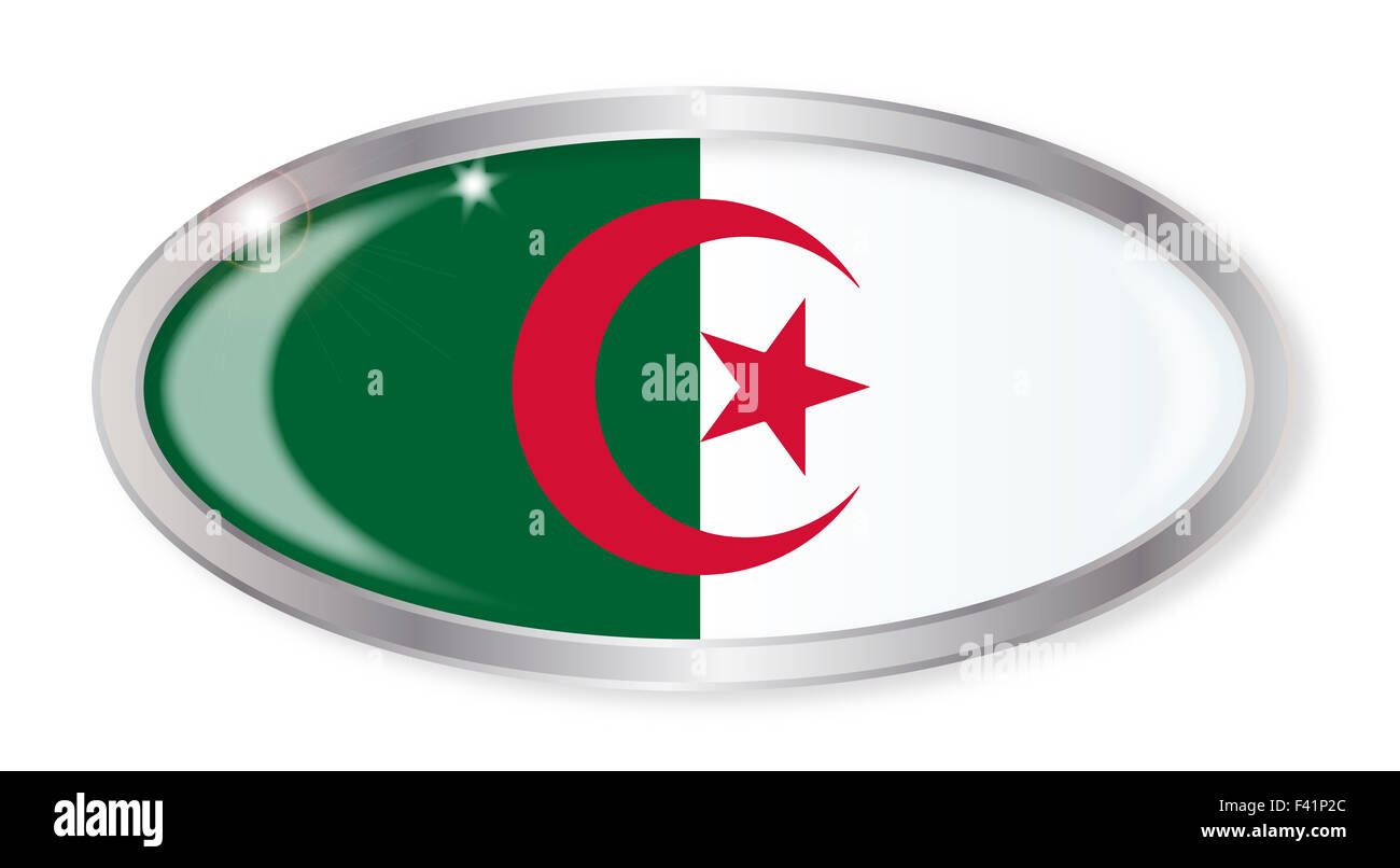 Bouton d'argent ovale avec le drapeau algérien isolé sur fond blanc Banque D'Images