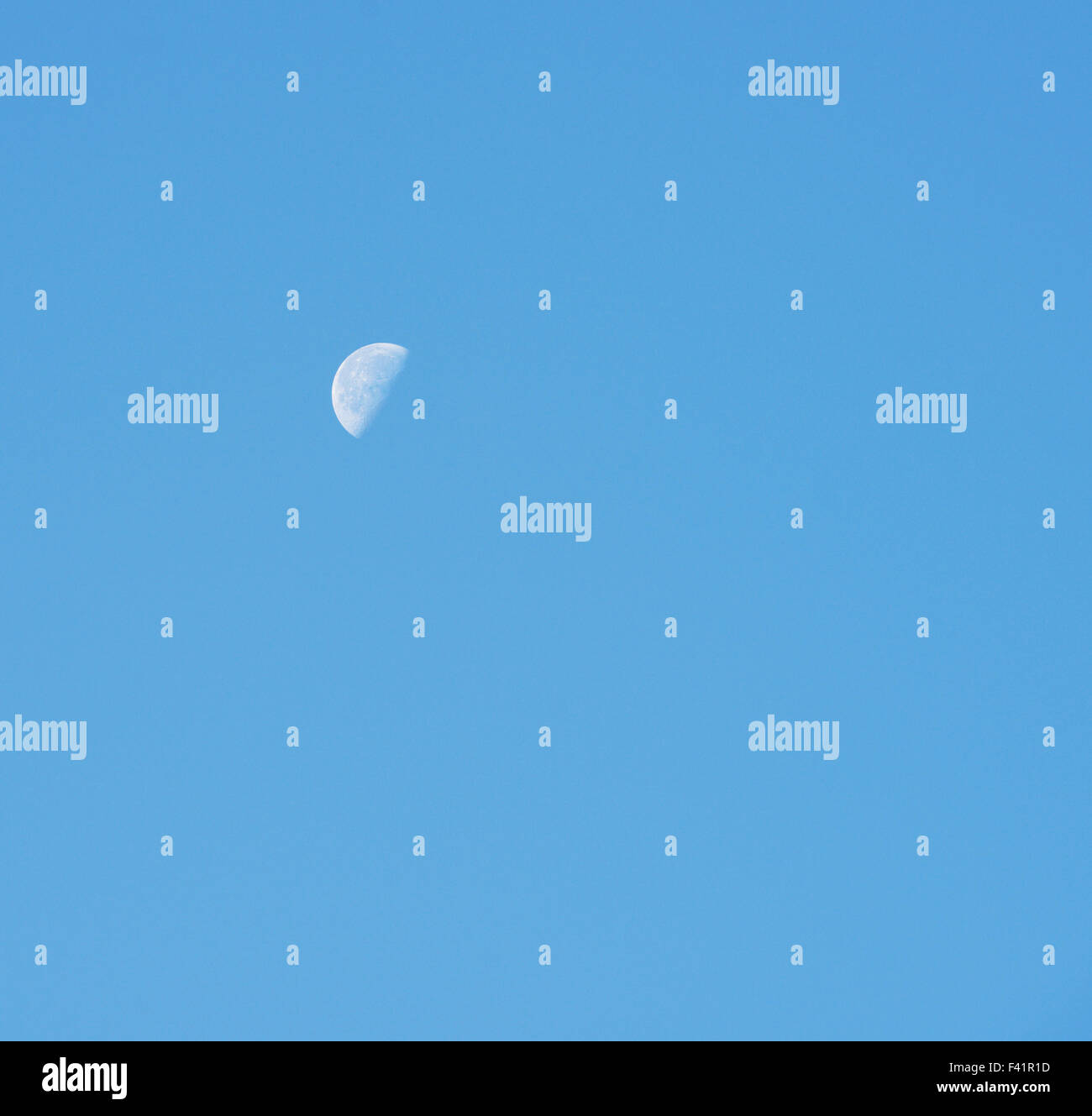 La moitié de la Lune en fond de ciel bleu en début de matinée Banque D'Images