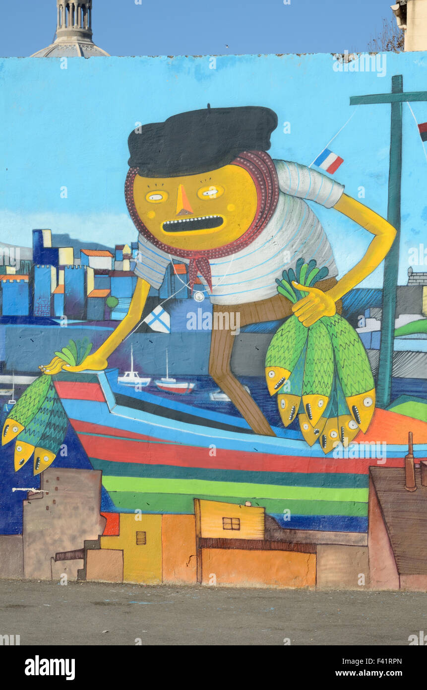 Peinture murale d'un pêcheur de Marseille ou de Fisher dans le quartier du Panier ou la vieille ville de Marseille ou Marseille Provence France Banque D'Images