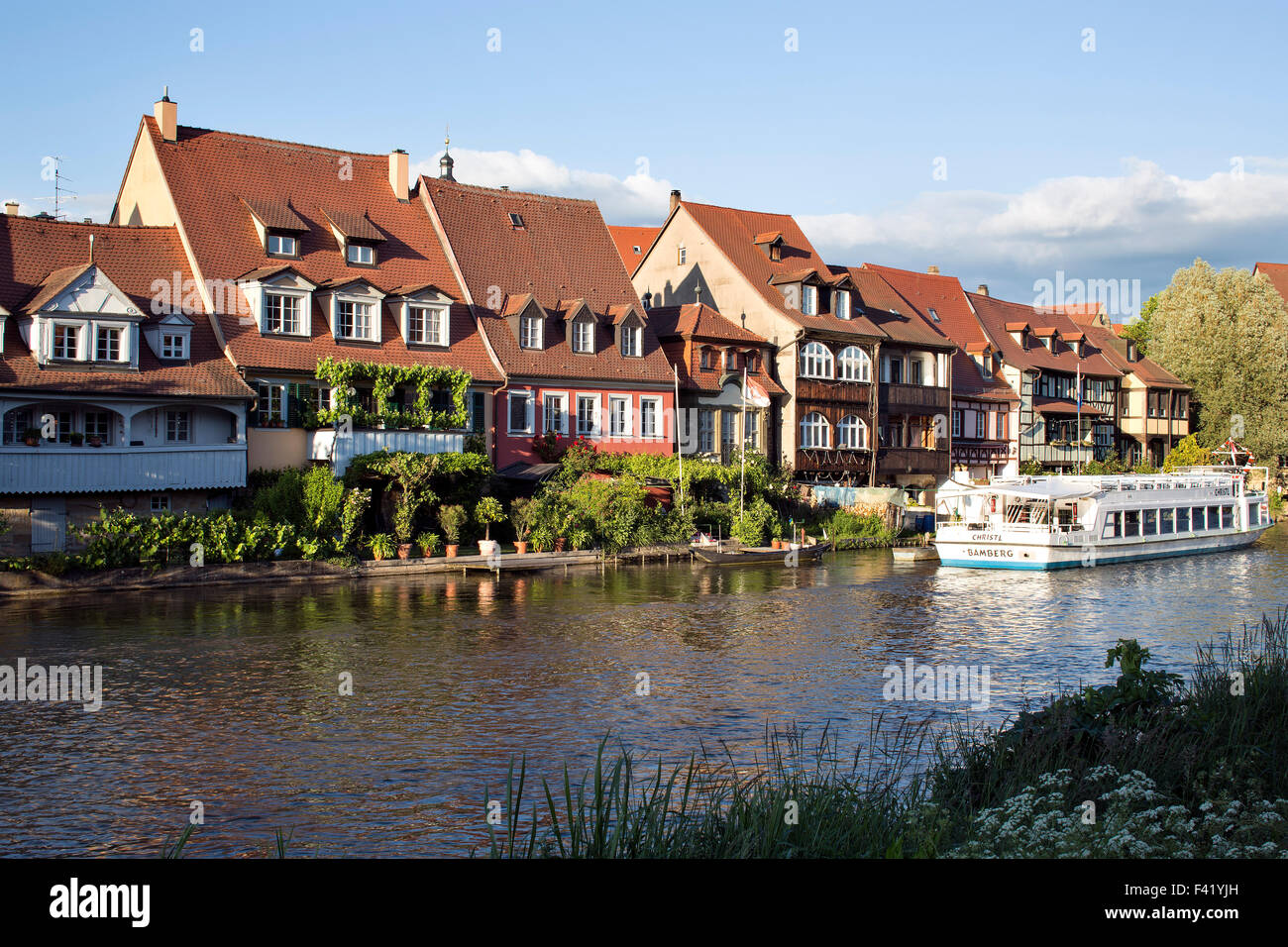 Rangée de maisons, à côté de la rivière Pegnitz, Klein-Venedig, Bamberg, Haute-Franconie, Bavière, Allemagne Banque D'Images