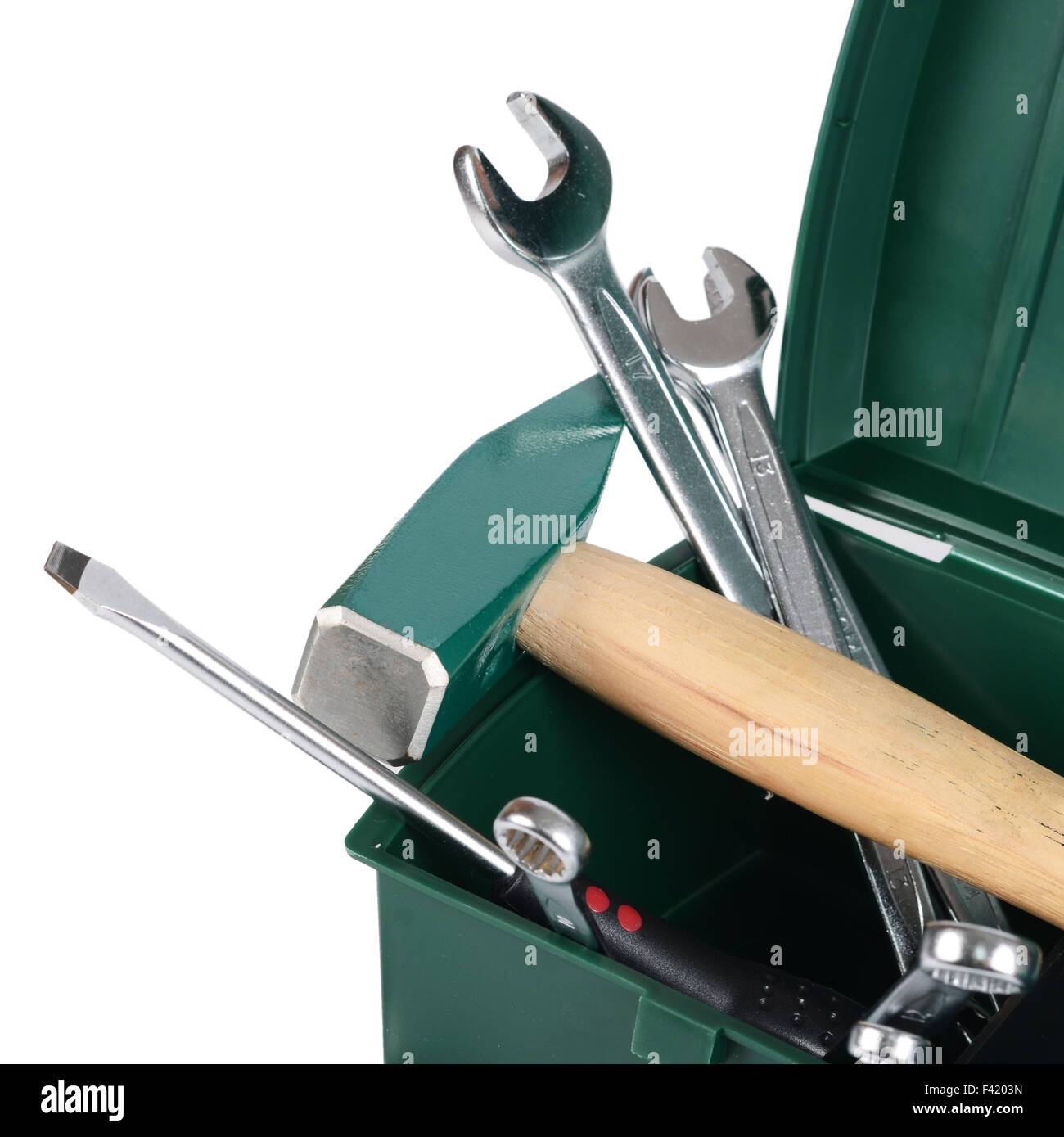 Boîte avec des outils de construction isolé Banque D'Images