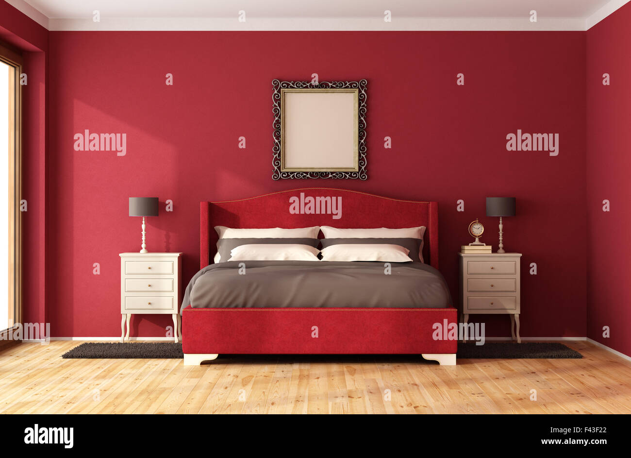 Chambre Classique Rouge avec un élégant lit et table de nuit - le rendu 3D Banque D'Images
