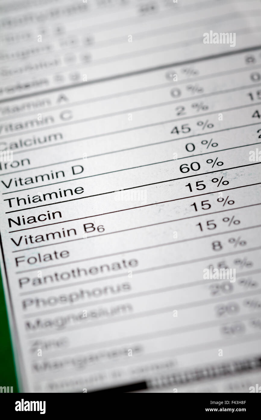 Profondeur de champ libre d'information sur la nutrition Vitamines Pourcentages Informations que nous pouvons trouver sur un produit d'épicerie. Banque D'Images