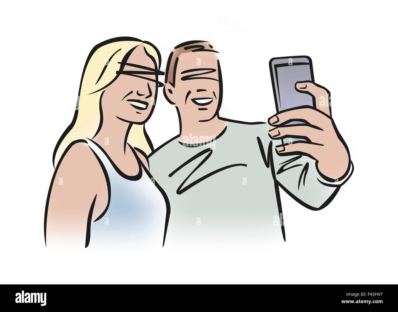 Illustration du couple en utilisant smartphone pour prendre un selfies Banque D'Images