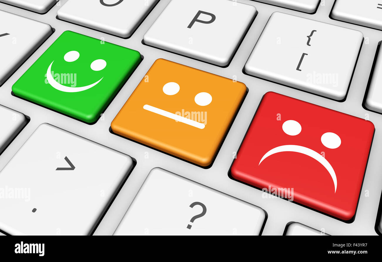 La qualité du service d'affaires, évaluation et commentaires des clients clés de l'enquête avec visage souriant symbole et icône de clavier d'ordinateur. Banque D'Images