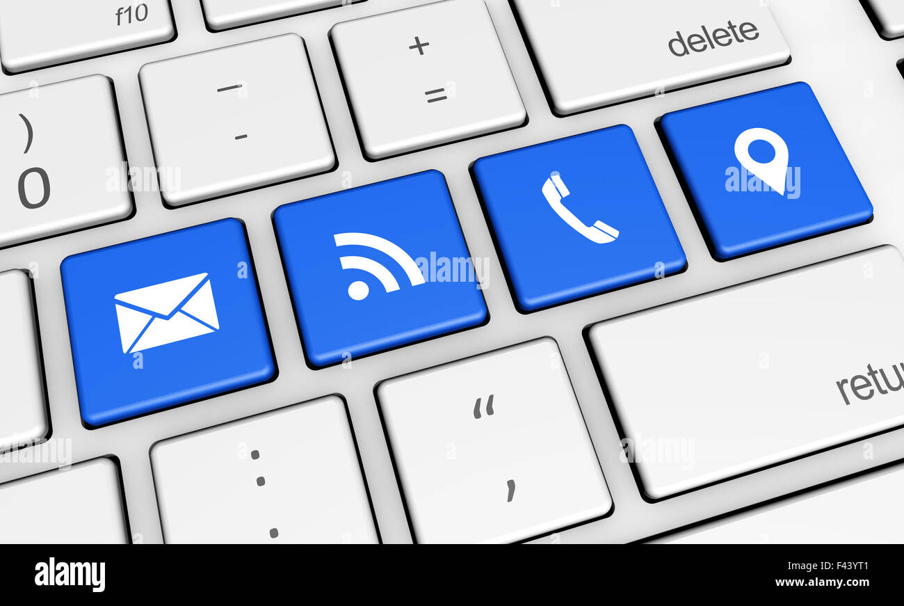Site web Contactez-nous et le branchement et l'icône symbole bleu sur les touches de l'ordinateur 3d illustration conceptuelle pour blog et affaires en ligne. Banque D'Images