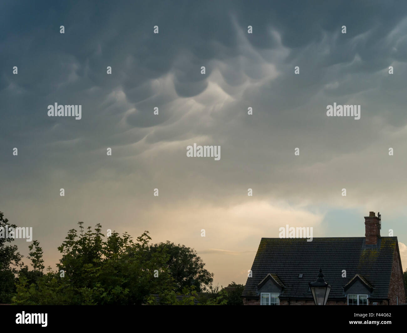 Cumulonimbus Mamma oreiller, formation de nuages, plus de maison et arbres, dans le Leicestershire, Angleterre, Royaume-Uni. Banque D'Images
