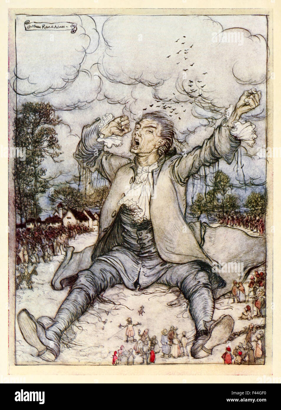 'Gulliver release from the Strings Rises and Strings self' de 'part I : a Voyage to Lilliput' dans 'Gulliver's Travels' de Jonathan Swift (1667-1745), illustration par Arthur Rackham (1867-1939). Photographié à partir d'une édition de 1909. Voir la description pour plus d'informations. Banque D'Images