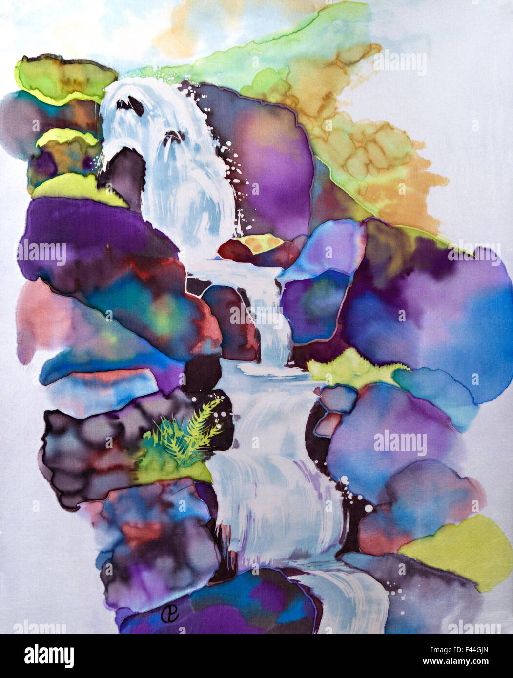 Photographie d'une peinture sur soie de lait aigre, cascades cascade Ghyll vapeur à l'aide de colorants fixe par Paula Chapman. Banque D'Images