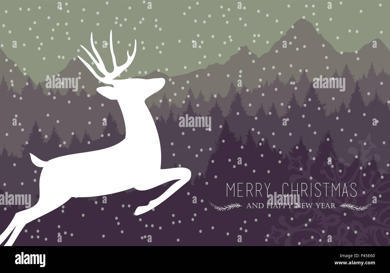 Joyeux Noël et bonne année carte d'hiver avec la neige, les rennes de vacances forêt de pins et d'arrière-plan. Idéal pour carte de Noël. Illustration de Vecteur