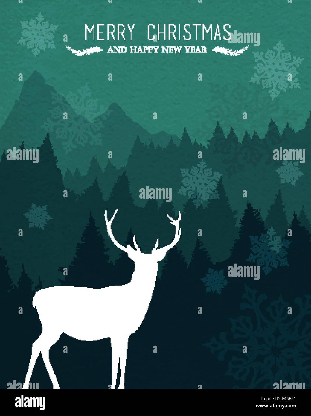 Joyeux noël bonne année design avec maison de vacances Rennes, forêt de pins et la neige fond. Idéal pour carte de Noël, inviter Illustration de Vecteur