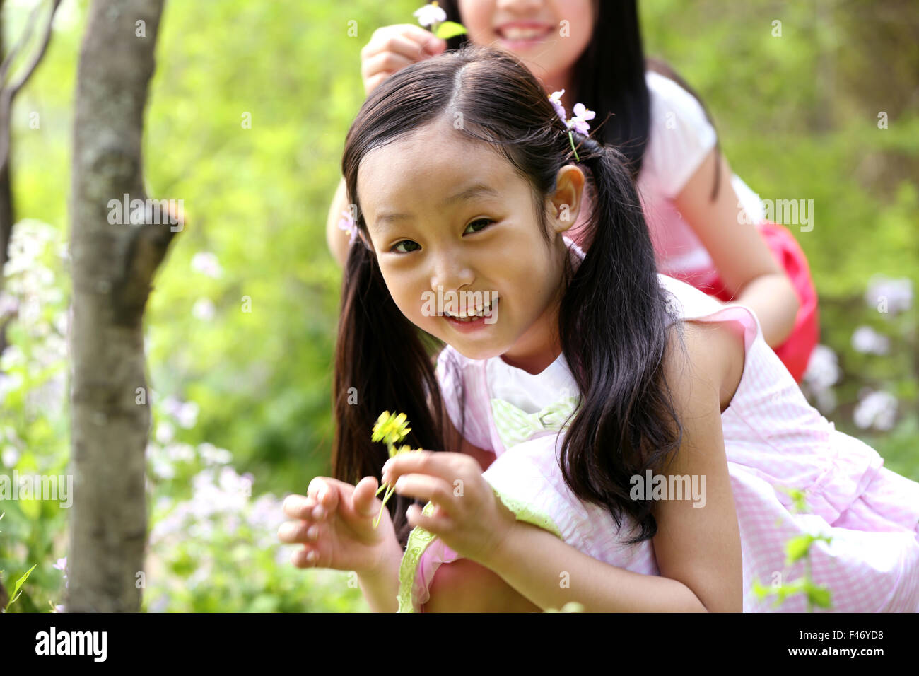 Deux jeunes filles en fleur cueillette domaine Banque D'Images