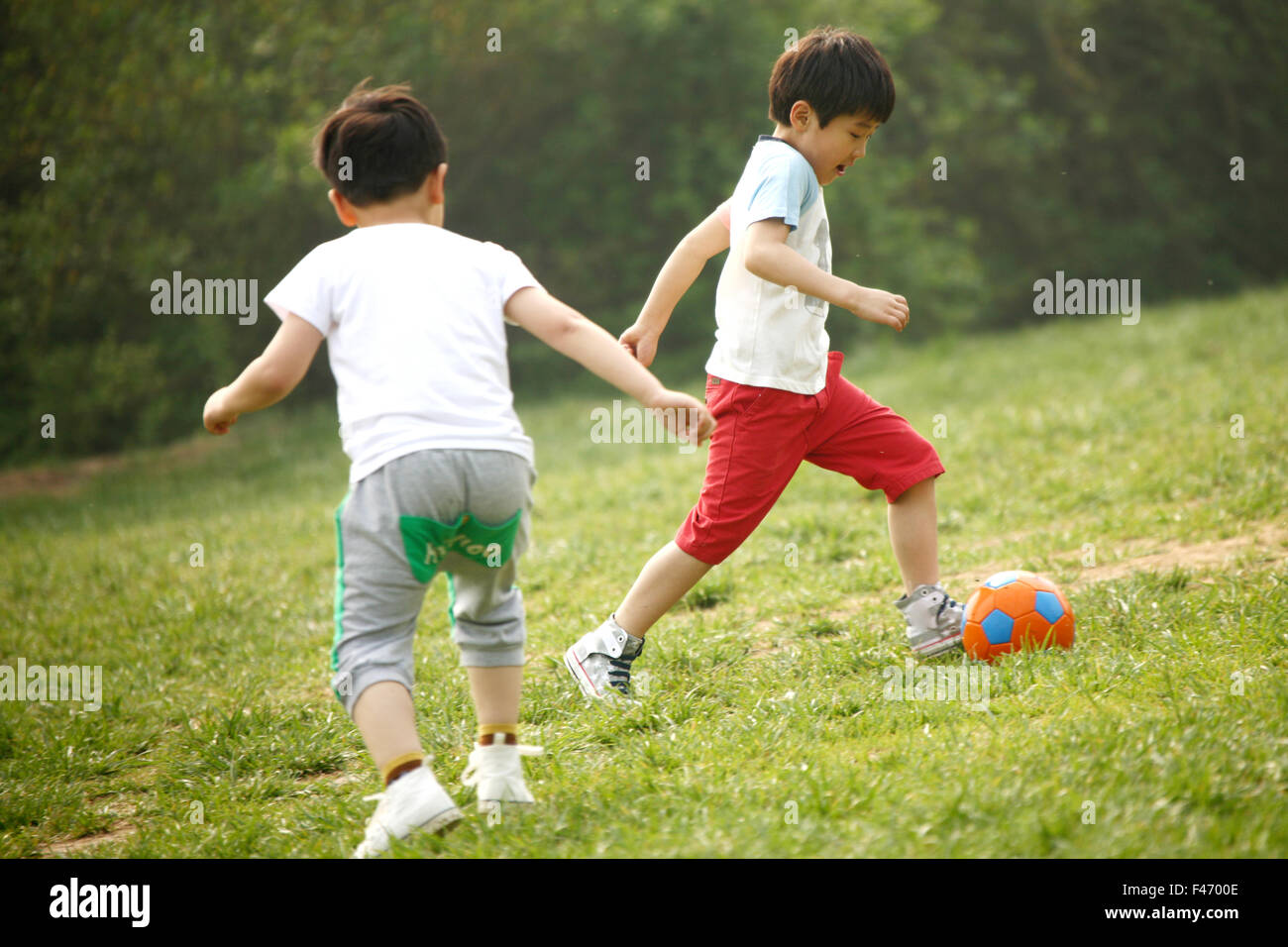 Deux garçons jouent au football dans le champ Banque D'Images