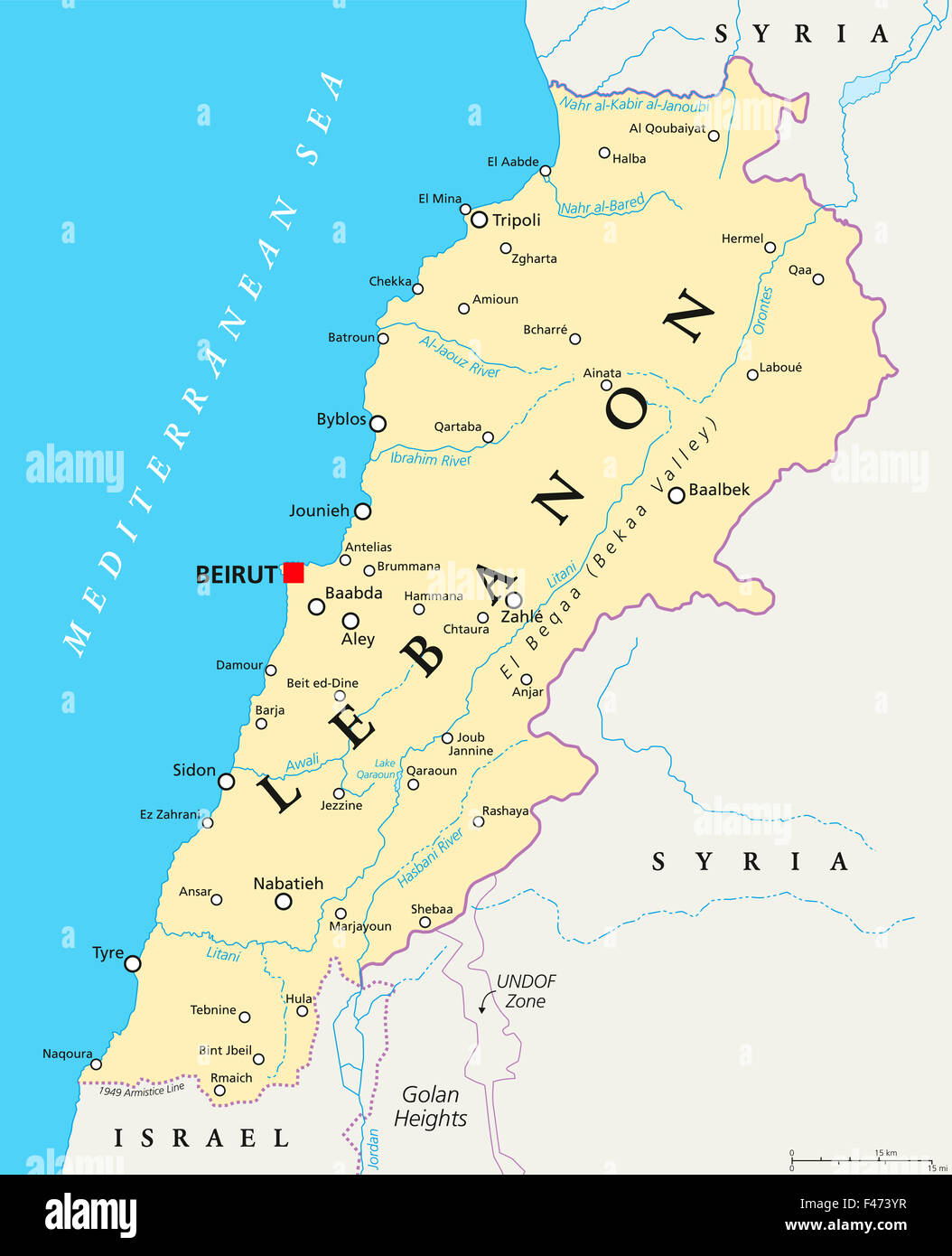 Carte politique du Liban à Beyrouth, les frontières nationales, d'importantes villes, rivières et lacs. English l'étiquetage et à l'échelle. Banque D'Images