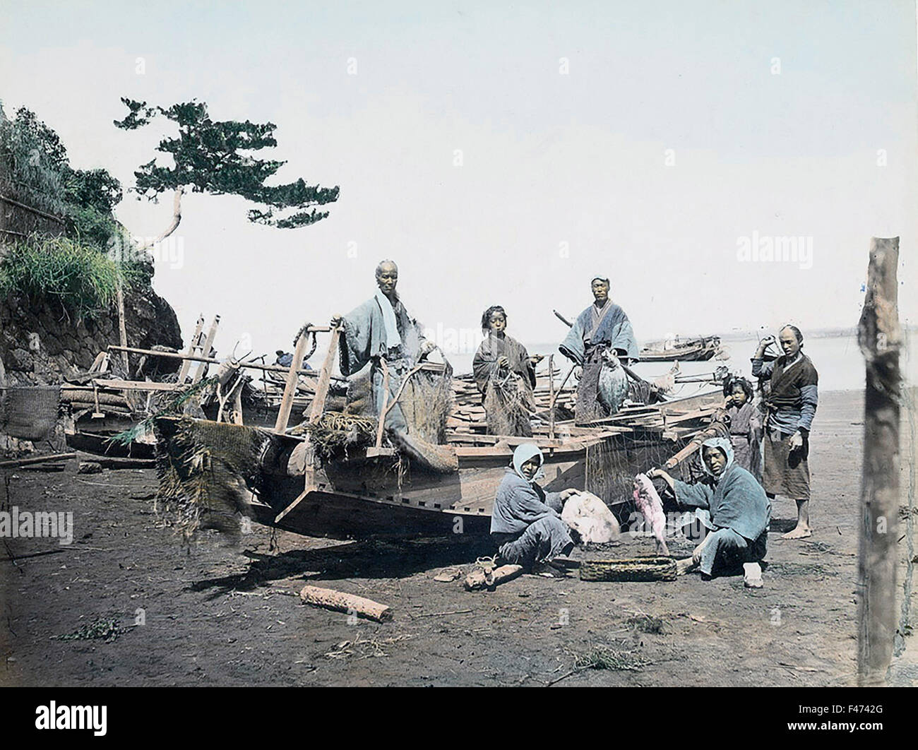 Les pêcheurs et bateau, Japon Banque D'Images