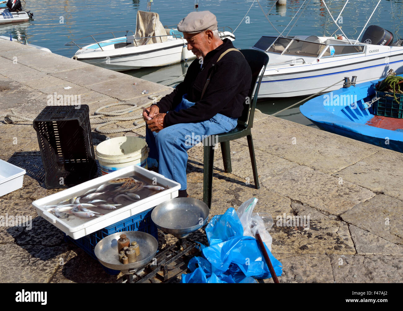 Trani Pêcheur, vente de poisson, port de pêche, Province de Barletta-Adria-Trani, les Pouilles, Italie du Sud, de l'Europe Banque D'Images
