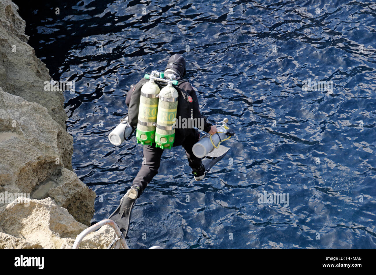 Plongeur Trimix technique, Gozo, Malte, Europe du Sud, Mer Méditerranée Banque D'Images