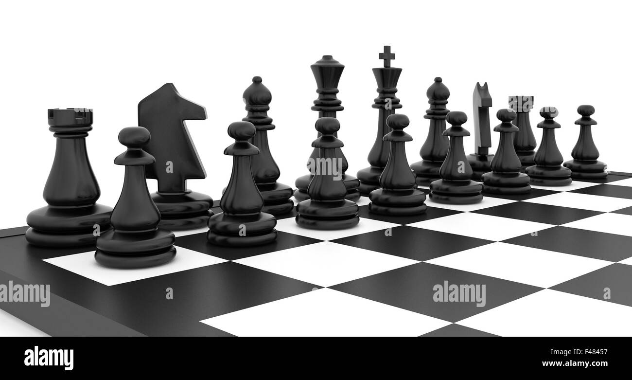 Pièces des échecs debout sur échiquier blanc noir Banque D'Images