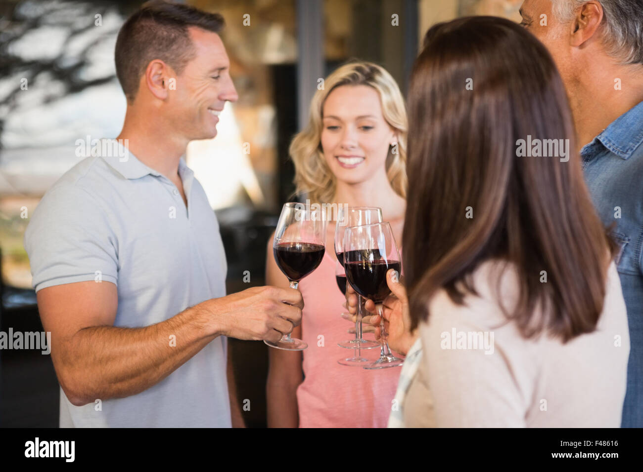 Happy friends dans une dégustation de vin ayant Banque D'Images