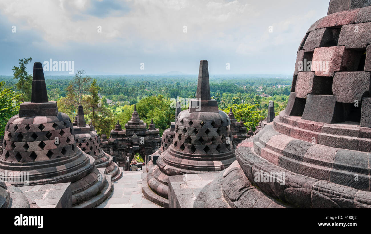 Stupas sur le sommet de Borobudur, à proximité de Yogyakarta Banque D'Images