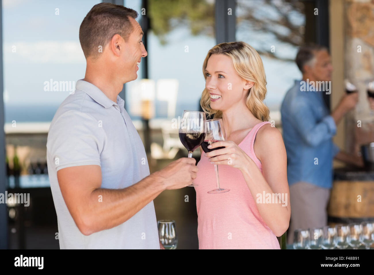 Smiling couple toasting et standing in front of couple drinking wine Banque D'Images Smiling couple toasting et standing in front of couple drinking wine Banque D'Images