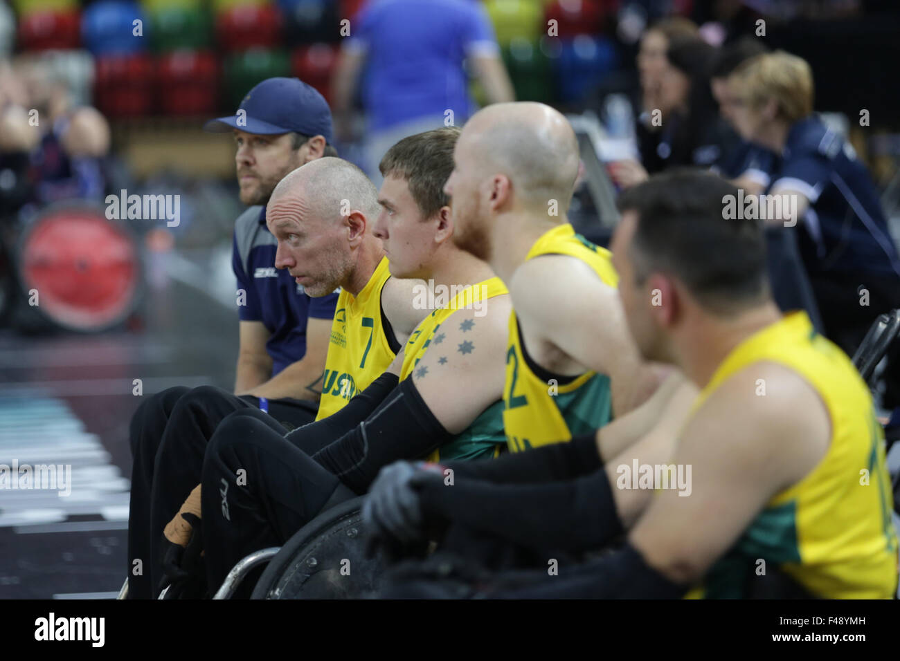 Défi Monde de Rugby en fauteuil roulant, Copperbox, Queen Elizabeth Olympic Park, Londres UK. 15 Oct, 2015. Champions du monde de perdre l'Australie USA 54-57. 15 octobre, 2015. La tension sur le banc de l'Australie. copyright Carol Moir/Alamy Live News Banque D'Images