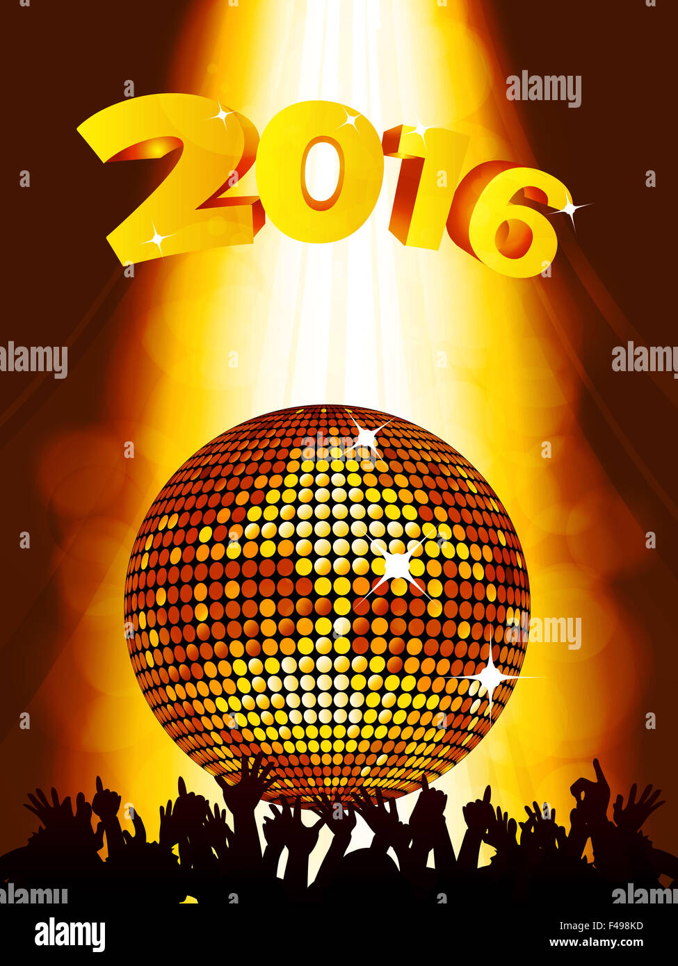 New Years Party 2016 avec fond boule disco d'or et la foule Banque D'Images