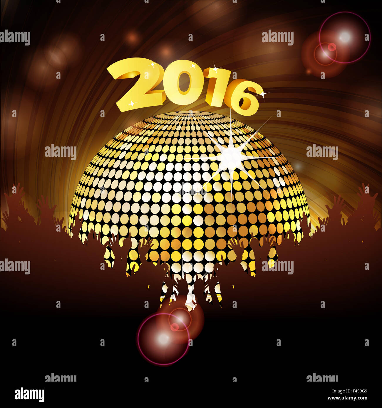 Boule disco mousseux d'or et la foule de nouvelles années 2016 Party Background Banque D'Images