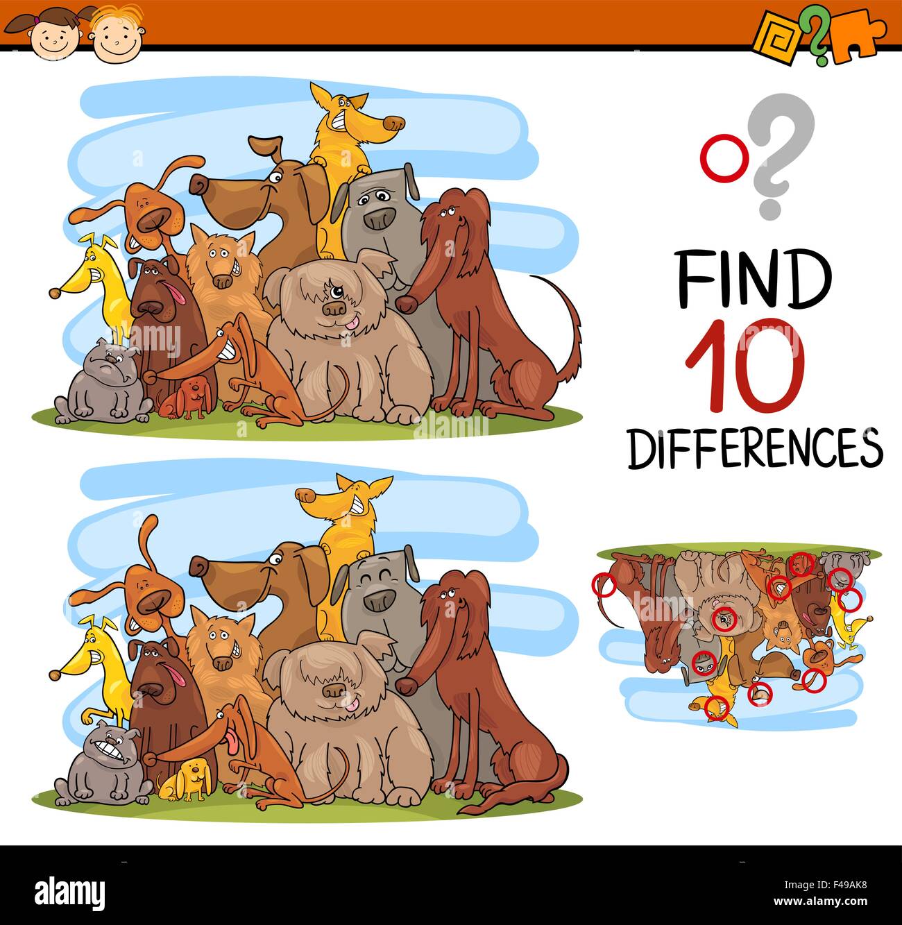 Cartoon Illustration de trouver les différences jeu éducatif pour les enfants d'âge préscolaire avec des caractères de chien Illustration de Vecteur