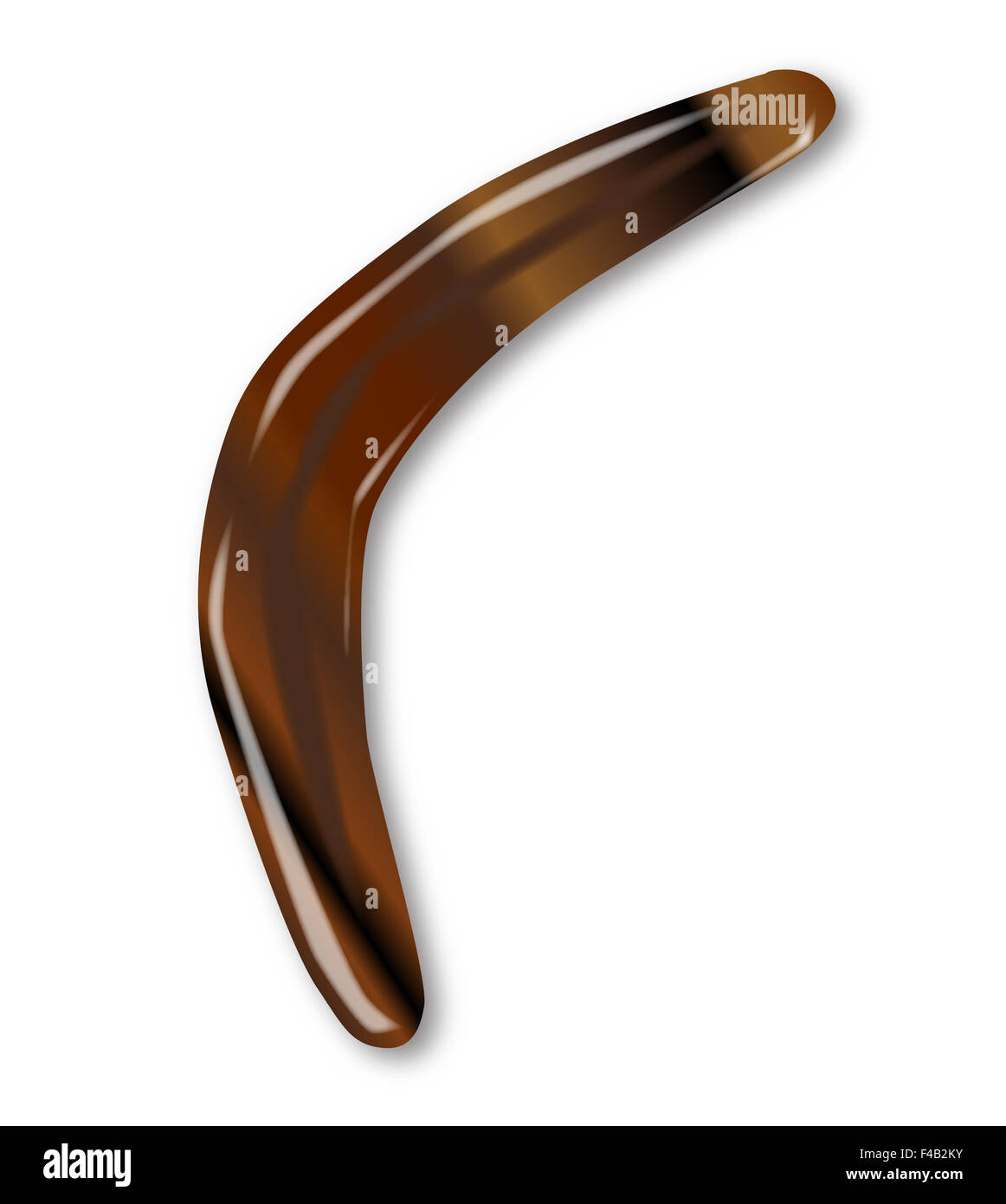 Un boomerang autochtone typique de bois poli sur un fond blanc Banque D'Images