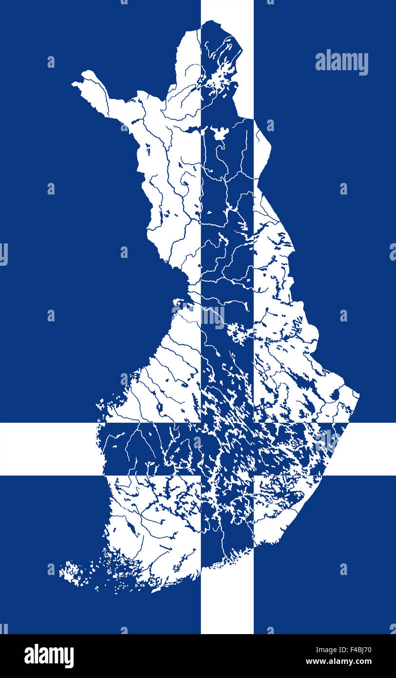 Carte de Finlande en couleurs du drapeau finlandais. Couleurs du drapeau sont bon. Les rivières et lacs sont indiqués. Banque D'Images