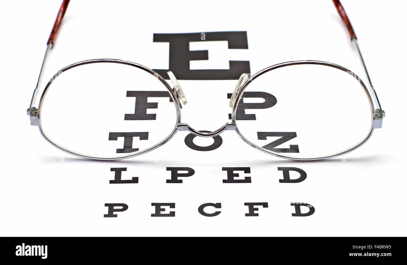 Verres sur l'échelle Snellen eye chart vue d'arrière-plan de test Banque D'Images