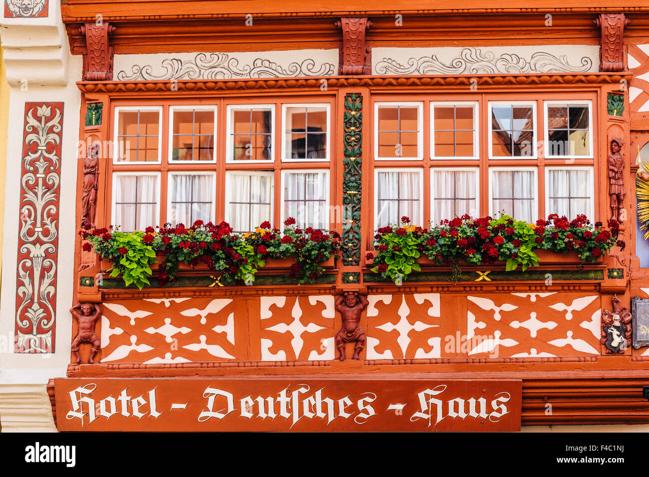 Close up de façade de l'hôtel Deutsches Haus, Weinmarkt, Dinkelsbuhl, Route Romantique, Bavière, Allemagne Banque D'Images