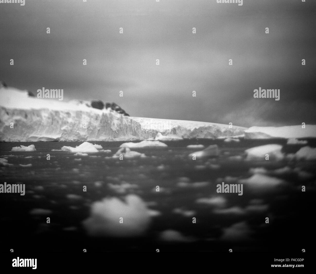 L'Antarctique, l'île de Cuverville, floue image en noir et blanc d'icebergs de la baie de remplissage le long du Canal Errera par temps nuageux le matin. Banque D'Images