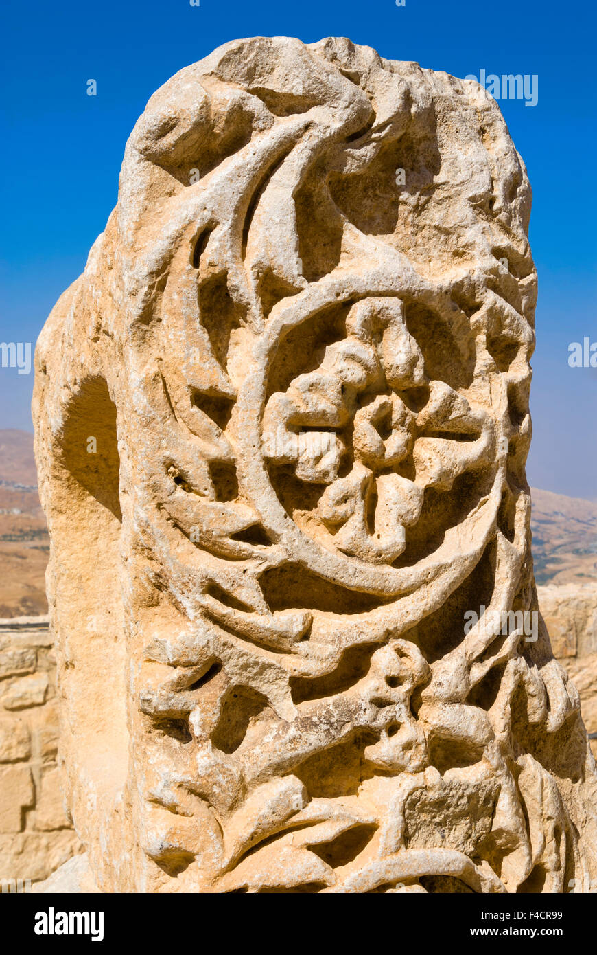 Hauts-reliefs au fort de Kérak château des Croisés, en Jordanie. Banque D'Images