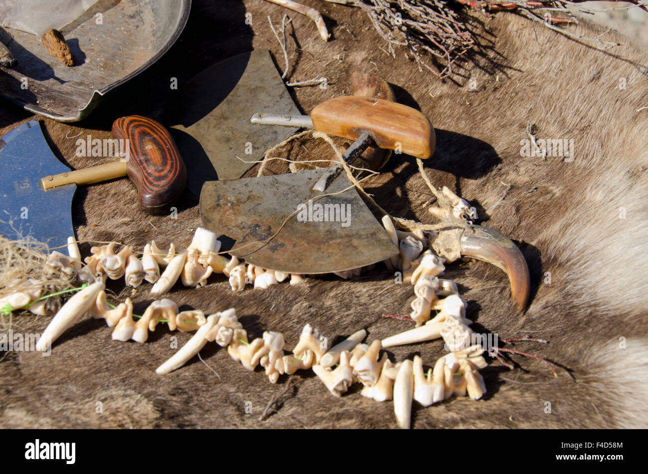 Au Canada, le Nunavut, la baie d'Hudson, de Kivalliq, Arviat. Les inuits traditionnels outils utilisés dans l'Arctique et dans les régions polaires (couteau, dents de caribous, Bear Claw). Banque D'Images