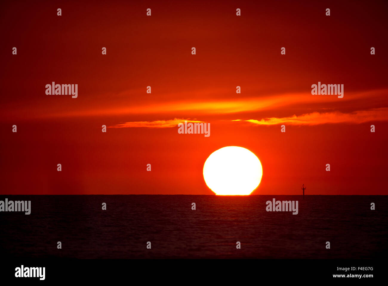 Floride, Siesta Key, Crescent Beach, Boule de feu dans un coucher de soleil rouge Banque D'Images