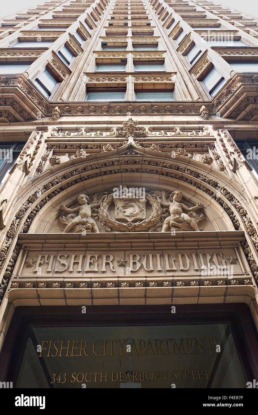 Jusqu'à vers travail décoratif sur Chicago's Fisher Building, conçu par D.H. Burnham et compagnie et achevé en 1906. Chicago, Illinois, United States. Banque D'Images