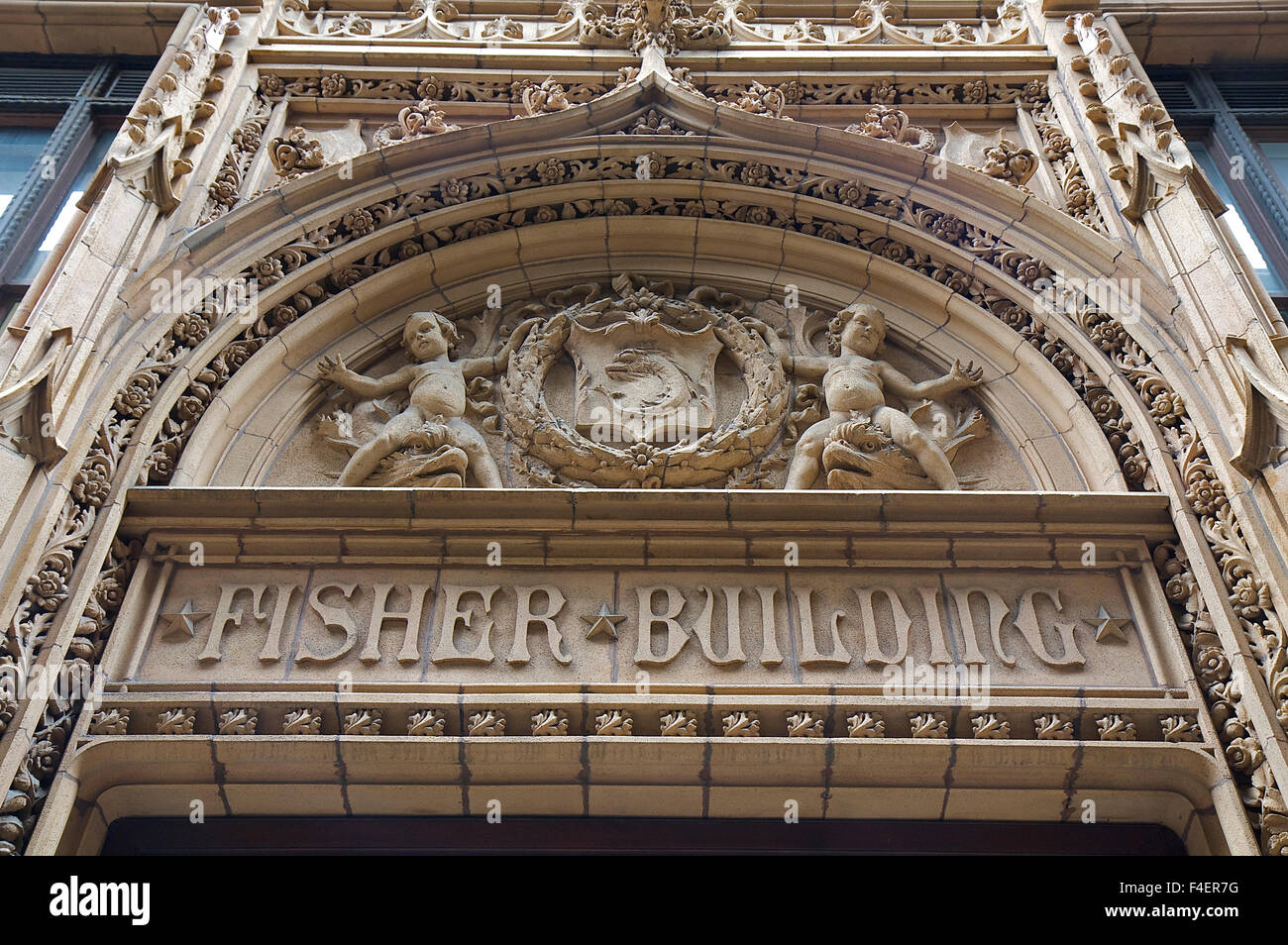 Détail de l'élaboration travail décoratif sur Chicago's Fisher Building, conçu par D.H. Burnham et compagnie et achevé en 1906. Chicago, Illinois, United States. Banque D'Images