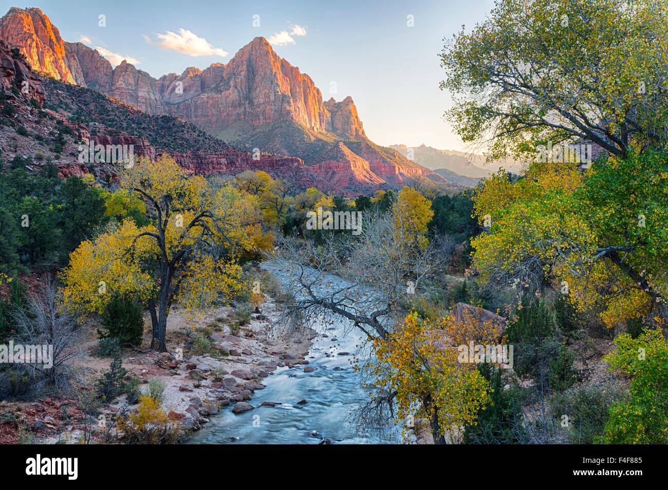 USA, Utah, Zion National Park, Virgin River et la Sentinelle. Banque D'Images