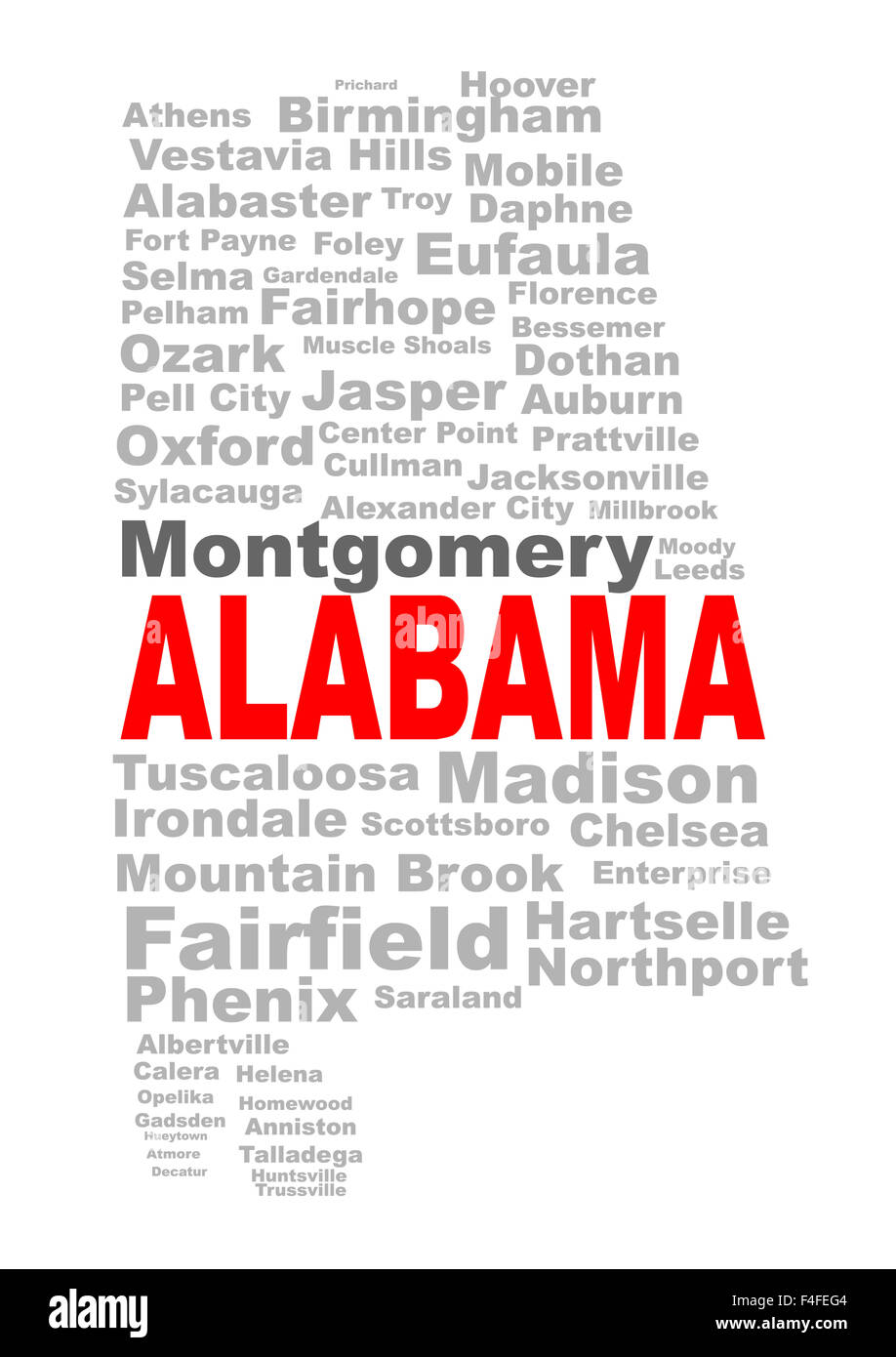 Silhouette de l'État forme avec le texte de l'Alabama et le nom des grandes villes sur un fond blanc Banque D'Images