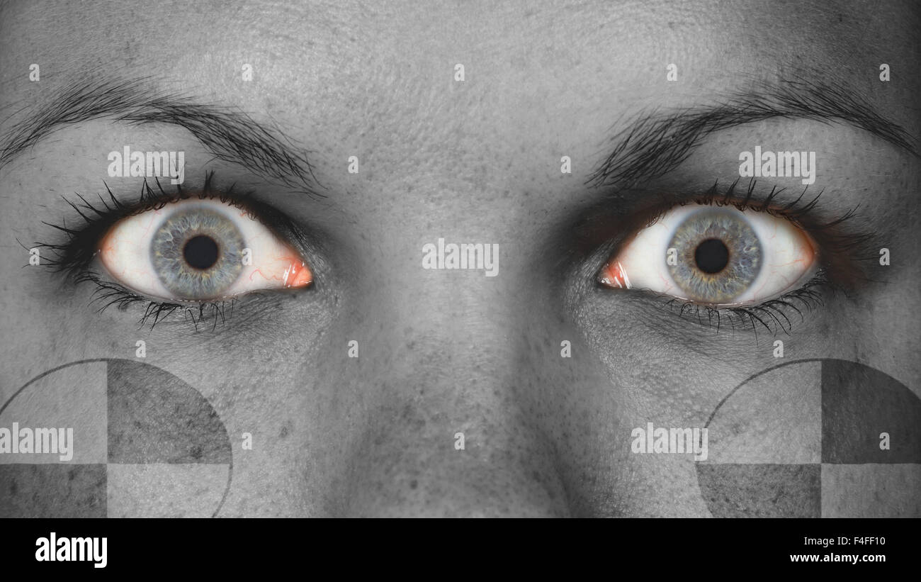 Les yeux des femmes, close-up, les yeux grands ouverts, crash test dummy Banque D'Images